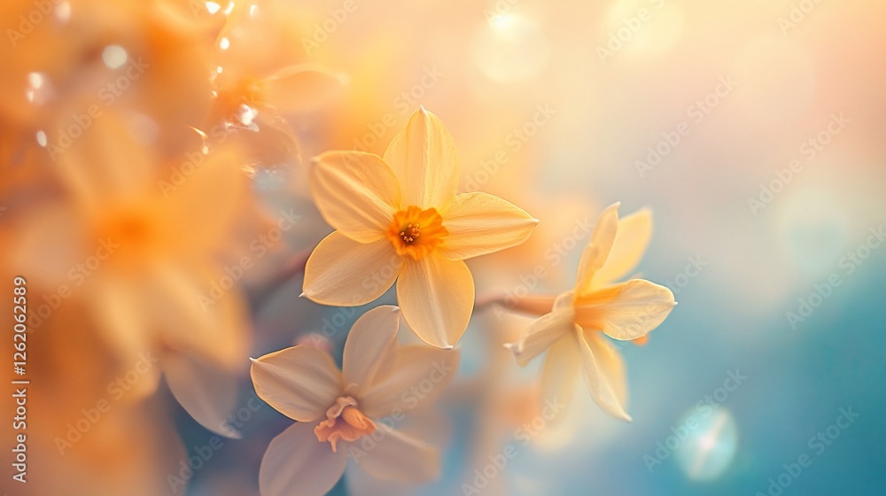 Close-up of delicate pale yellow daffodils in soft, dreamy light. Close-up of delicate pale yellow daffodils in soft, dreamy light.