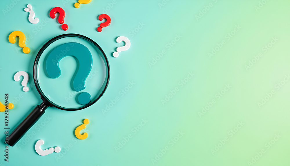 Naklejka premium Bright questions with magnifying glass - seeking answers