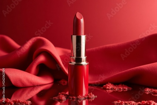 Luxurious red lipstick displayed against a red satin backdrop photo