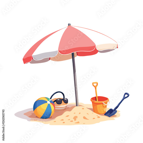 Vsai beach umbrella providing shade on sandy shore with toys and sunglasses