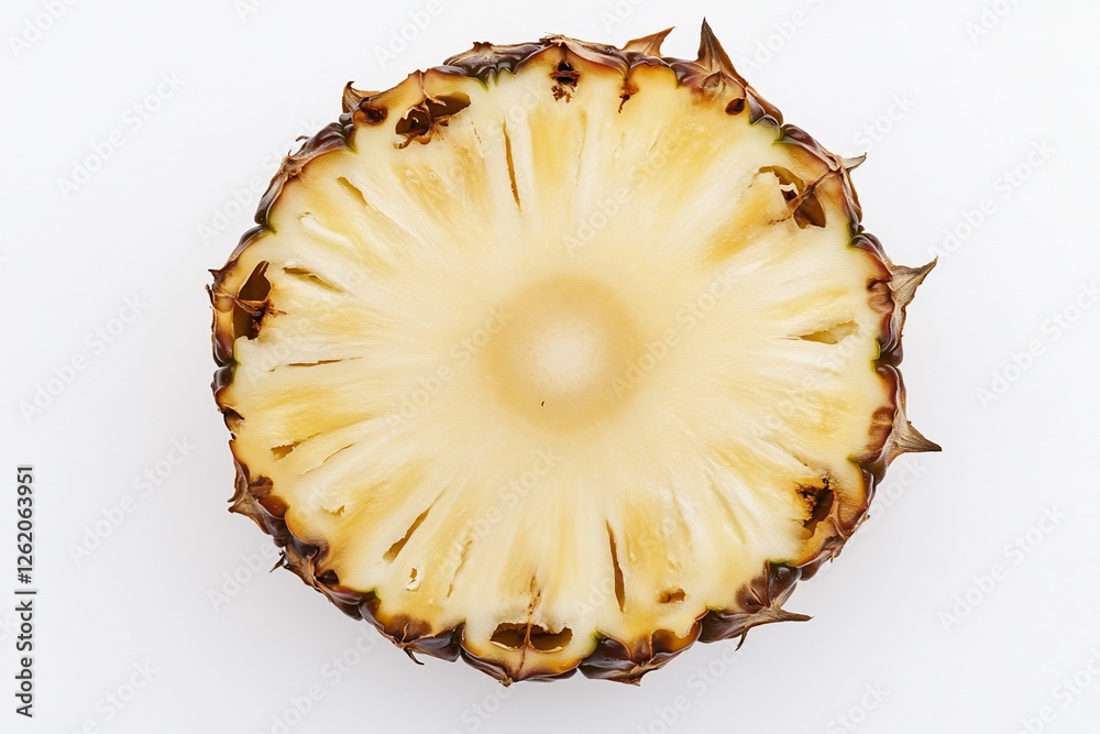 Close-up of a perfectly sliced pineapple ring, showcasing its juicy, yellow flesh and textured brown skin against a clean white background. Close-up of a perfectly sliced pineapple ring, showcasing its juicy, yellow flesh and textured brown skin against a clean white background.
