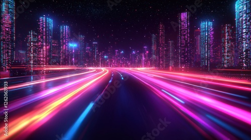 Fototapeta Naklejka Na Ścianę i Meble -  Neon highway speeding towards futuristic city at night
