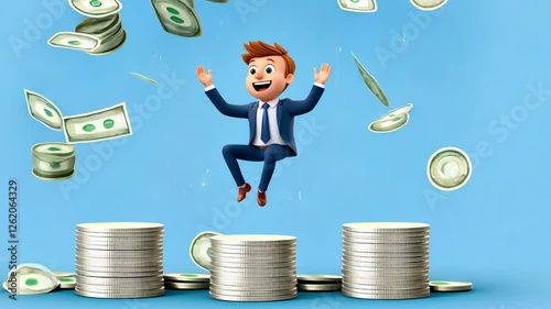 Corruption and bribery concept with politician surrounded by money falling from the sky photo