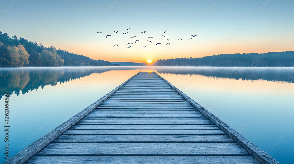 Obraz premium Serene sunrise over a tranquil lake, wooden pier extending towards the rising sun, flock of birds in flight.