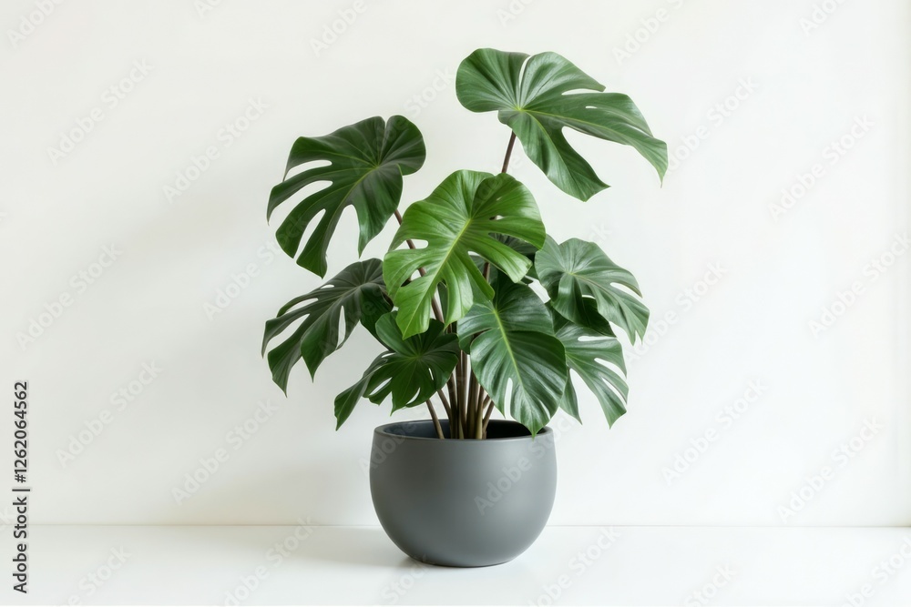 Fototapeta premium Monstera deliciosa plant grows in a gray rounded pot