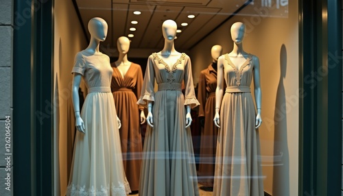 Mannequins display elegant dresses in a retail store window photo