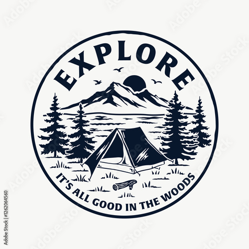 Retro camping-themed vector graphic featuring a tent, mountain range, trees, and a scenic lake under a sunset. Perfect for adventure, outdoor, and travel-themed t-shirt designs.