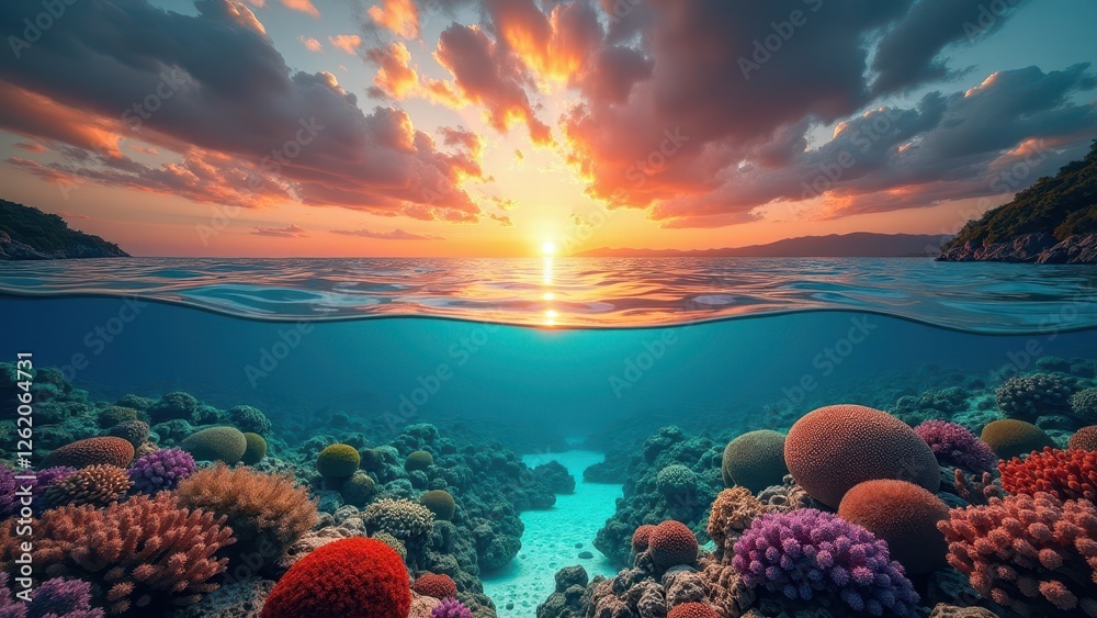 Naklejka premium Split-view of coral reef affected by bleaching with vibrant sunset sky above 