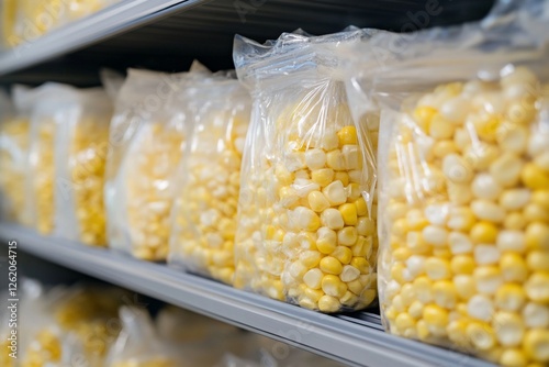 Frozen corn kernels in clear plastic bags on supermarket shelves. photo