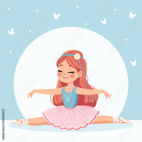 Pretty and gentle ballerina girl in pink and blue dress doing the splits in the room on white background. Poster, Banner, Flyer, Greeting Card. Vector illustration in flat cartoon style