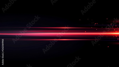 Red speed light horizontal straight line on black background. Realistic vector illustration of abstract neon or laser glow motion effect. Long dynamic flare beam and ray with sparkle in movement