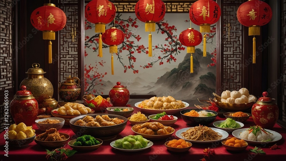 Fototapeta premium Authentic Chinese New Year Feast with Dumplings, Steamed Buns, and Traditional Dishes