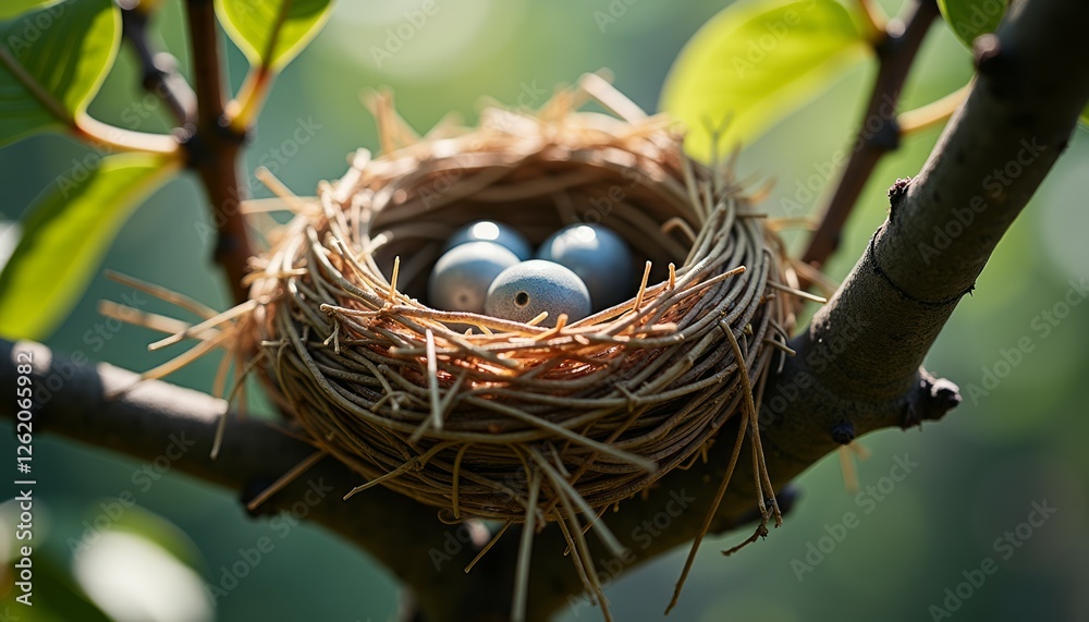 Birds nest holding eggs sits nestled between two branches Birds nest holding eggs sits nestled between two branches