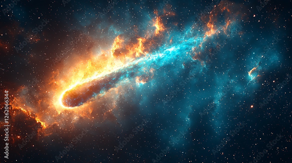Fototapeta premium Cosmic Inferno: A fiery comet streaks across the cosmos, leaving a trail of blazing gas and cosmic dust in its wake. The spectacle is set against a backdrop of twinkling stars.