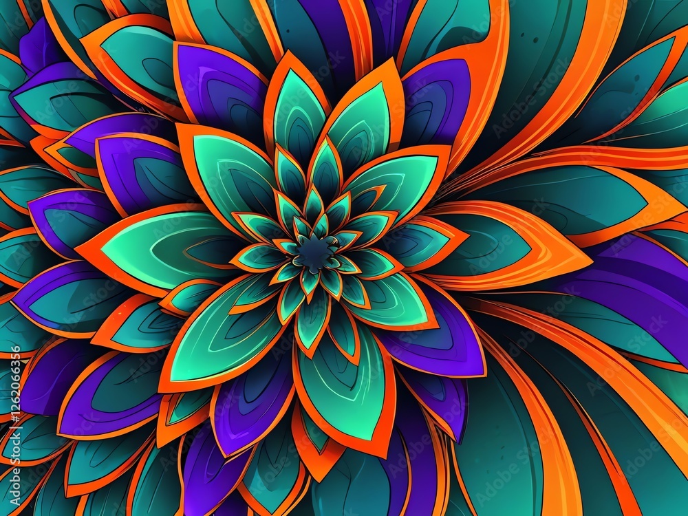 Vibrant Abstract Floral Design: A Symphony of Teal, Orange, and Purple Petals Vibrant Abstract Floral Design: A Symphony of Teal, Orange, and Purple Petals