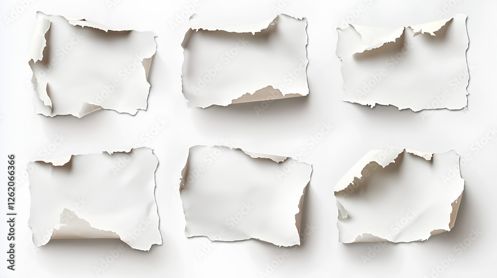 Fototapeta premium Set Collection of blank torn paper pieces with jagged edges and 3D shadows, floating on a white background, suitable for vintage distressed design projects
