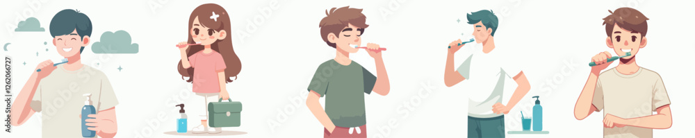 vector a teenager is brushing their teeth with a simple and minimalist flat design style, plain white background, standing and full body vector a teenager is brushing their teeth with a simple and minimalist flat design style, plain white background, standing and full body