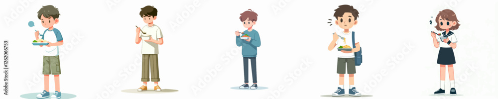 vector a teenager is eating a meal hungrily with a simple and minimalist flat design style, plain white background, standing and full body vector a teenager is eating a meal hungrily with a simple and minimalist flat design style, plain white background, standing and full body