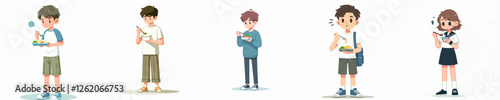 vector a teenager is eating a meal hungrily with a simple and minimalist flat design style, plain white background, standing and full body