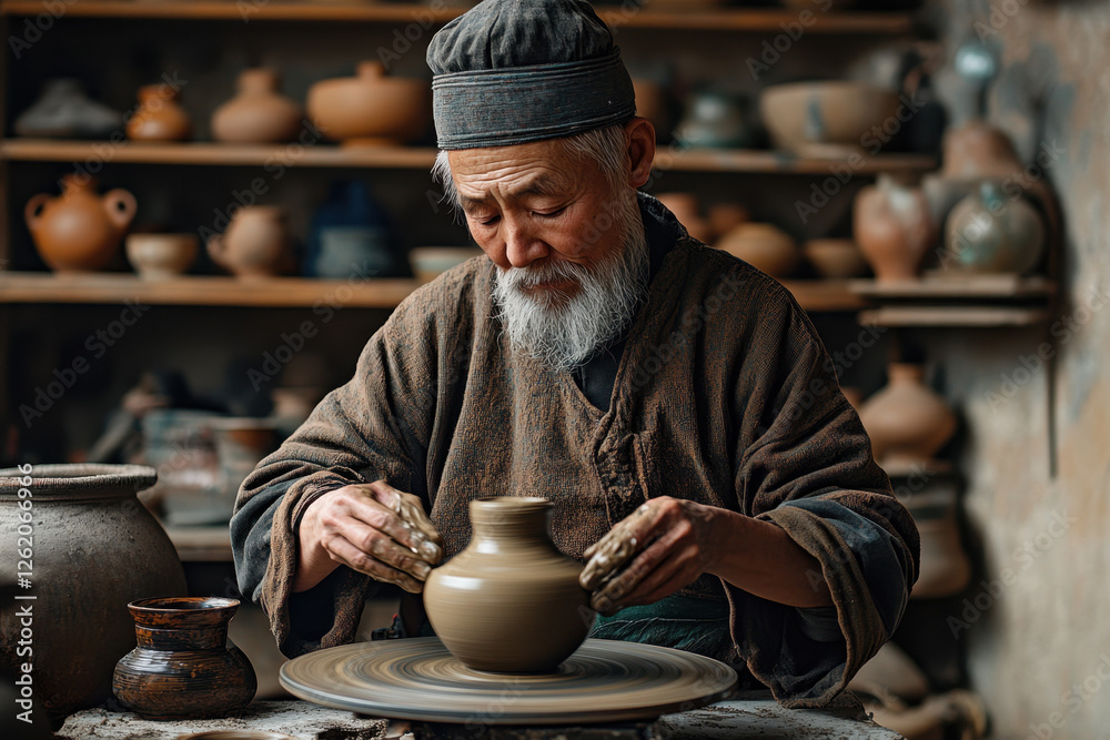 Elderly Asian man skillfully crafts pottery at a wheel, surrounded by clay vases and warm tones, showcasing traditional craftsmanship. Elderly Asian man skillfully crafts pottery at a wheel, surrounded by clay vases and warm tones, showcasing traditional craftsmanship.