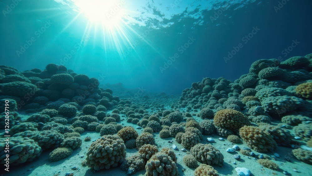 Obraz premium Underwater view of a coral reef affected by bleaching with sunlight streaming down 
