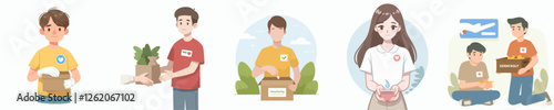vector a teenager is volunteering their time generously with a simple and minimalist flat design style, plain white background