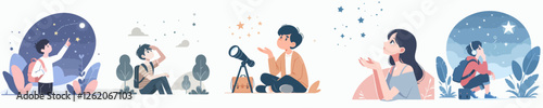 vector a teenager is stargazing in wonder with a simple and minimalist flat design style, plain white background