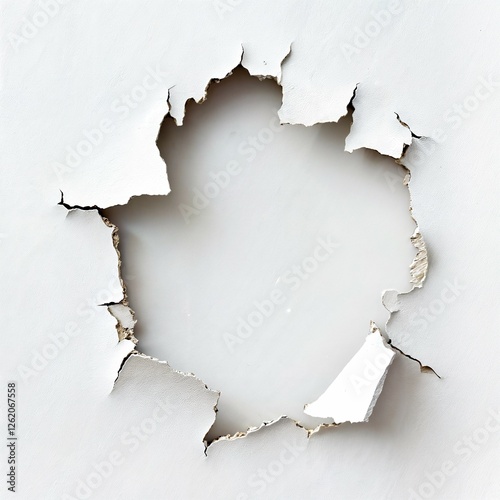 large hole in a white wall with cracks and blank space on the inside photo