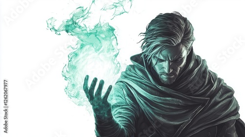 a mage casting a spell with glowing runes, fantasy hero, dramatic pose, bold colors, isolated on white background