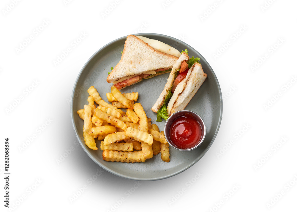 A classic club sandwich served with crispy fries and a side of ketchup. A classic club sandwich served with crispy fries and a side of ketchup.