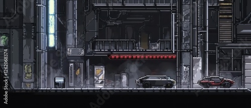 A futuristic cyberpunk cityscape with dark alleys, glowing neon signs, pixel-art hover cars, and towering detailed skyscrapers photo