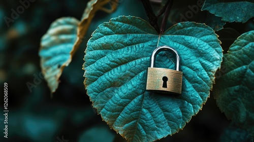 A pair of heart-shaped leaves with a golden lock and key symbolizing love, security or closure. This image could represent a love locked away, a secret untold, or the idea of closing off emotion.