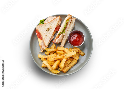 A classic club sandwich served with crispy fries and a side of ketchup.