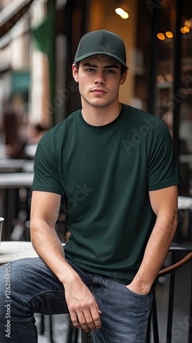 A man wearing forest green color t shirt mockup; with cap; at the cafe; front view
