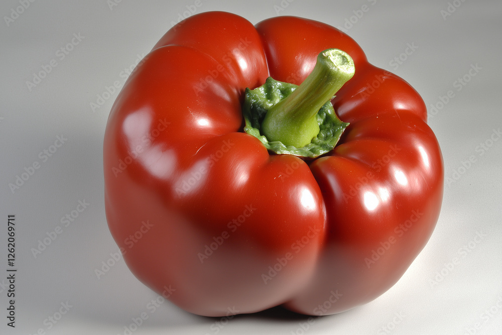 A Polished Red Bell Pepper Set Against a Pure White Backdrop. A Polished Red Bell Pepper Set Against a Pure White Backdrop.