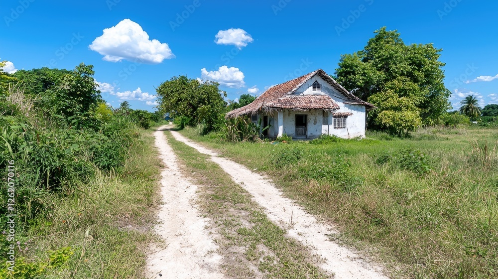 Abandoned farmhouse on a dirt road under a blue sky Abandoned farmhouse on a dirt road under a blue sky