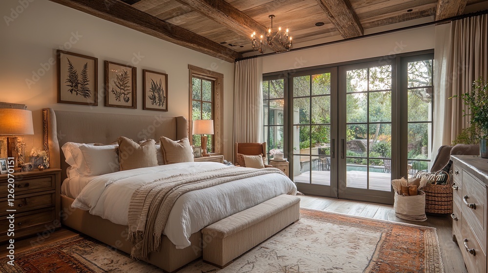 Fototapeta premium Warm and inviting bedroom with cozy furniture and soft lighting