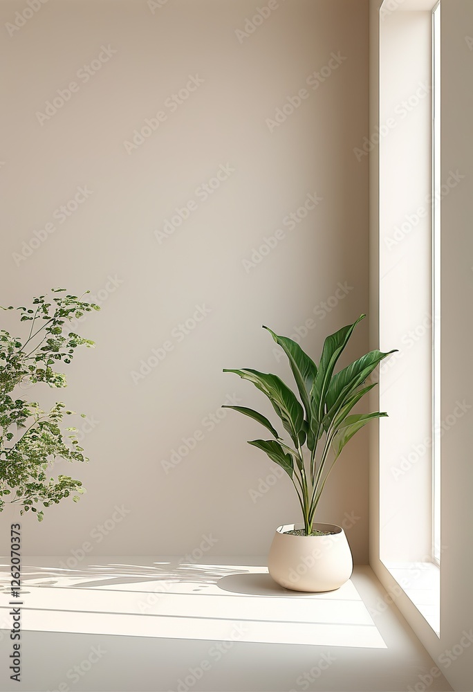 Fototapeta premium A minimalist room corner features potted plants bathed in sunlight, casting shadows on a beige wall and light floor. The scene is serene and airy