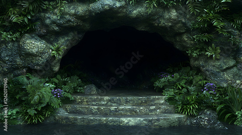 Fototapeta Naklejka Na Ścianę i Meble -  Mysterious jungle cave entrance, stone steps, lush foliage, dark interior, fantasy setting