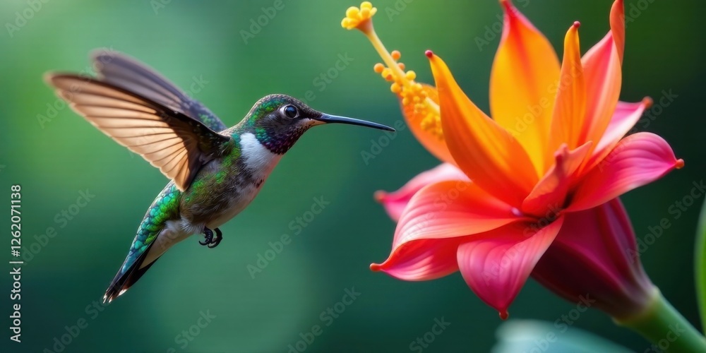 Fototapeta premium A vibrant hummingbird hovers near a striking, radiant bloom, its iridescent feathers shimmering in the sunlight, a captivating display of natural beauty and delicate balance.