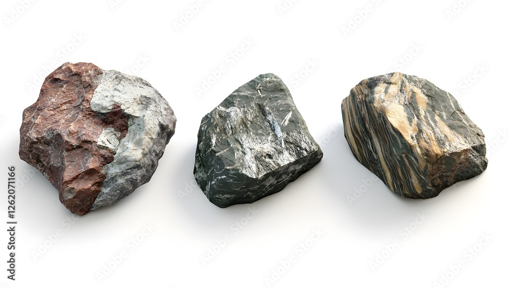 Three rocks, various colors, isolated on white background Three rocks, various colors, isolated on white background