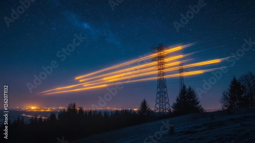 Electricity transmission towers with orange glowing wires the starry night sky