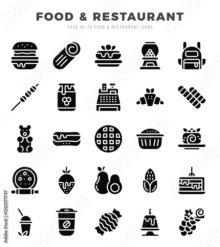 Set of 25 Food and Restaurant Glyph Icons Pack.
