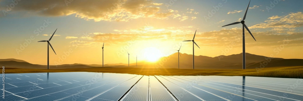 Obraz premium solar panels with wind turbines and sunset. concept clean energy in nature