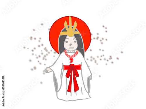 Amaterasu Omikami stands with the sun behind her in Japanese mythology