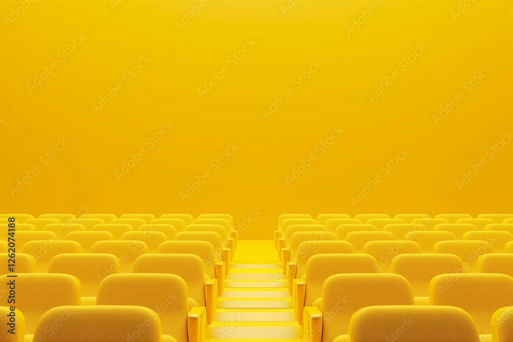 Fototapeta premium Yellow cinema auditorium with yellow seats on orange background. 3d render. Generative AI