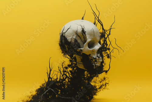 Skeleton and black roots enveloping the skeleton like a parasite on a yellow background. Halloween concept. Generative AI