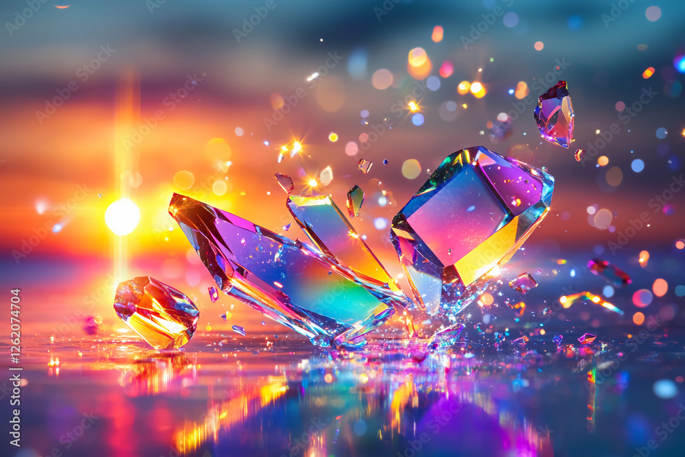Shattered crystals reflecting light, creating a burst of vibrant colors on a reflective surface in a dynamic, chaotic display of beauty and energy Shattered crystals reflecting light, creating a burst of vibrant colors on a reflective surface in a dynamic, chaotic display of beauty and energy