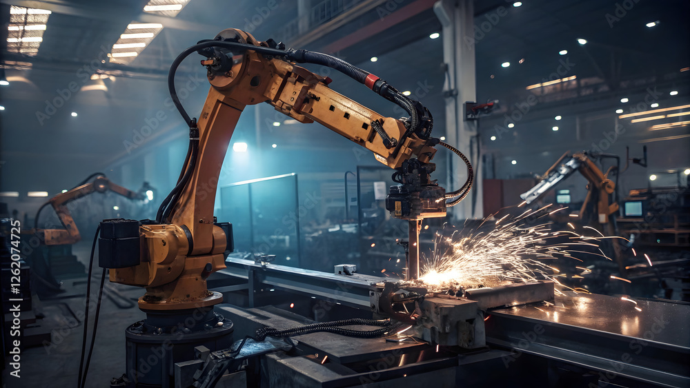 Robotic welding automation manufacturing facility industrial scene high-tech environment dynamic viewpoint innovation focus Robotic welding automation manufacturing facility industrial scene high-tech environment dynamic viewpoint innovation focus