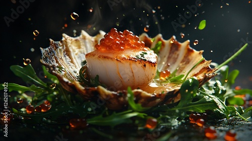 Grilled Scallop with Red Caviar and Arugula
